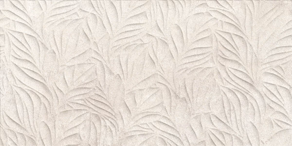 White textured surface with a repeating embossed leaf pattern.