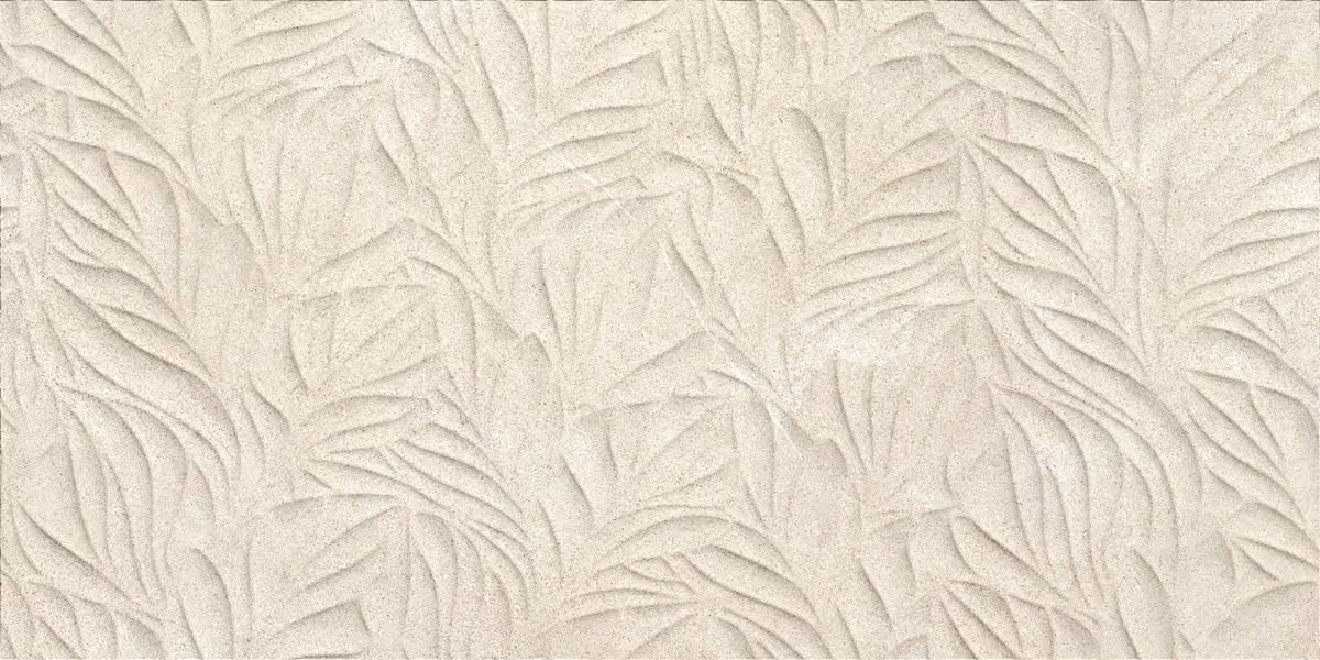 Beige textured surface with embossed abstract leaf patterns.