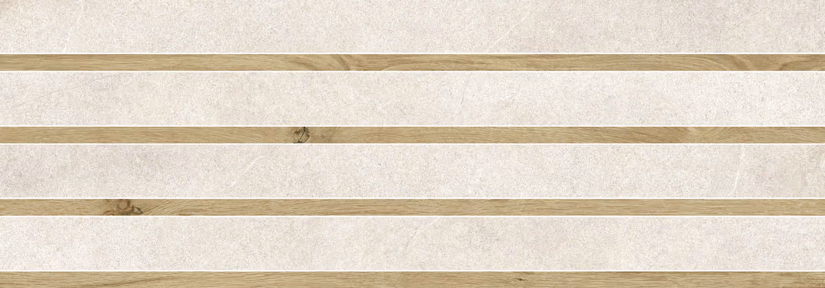Light beige tiles with horizontal wood grain strips between them in an alternating pattern.