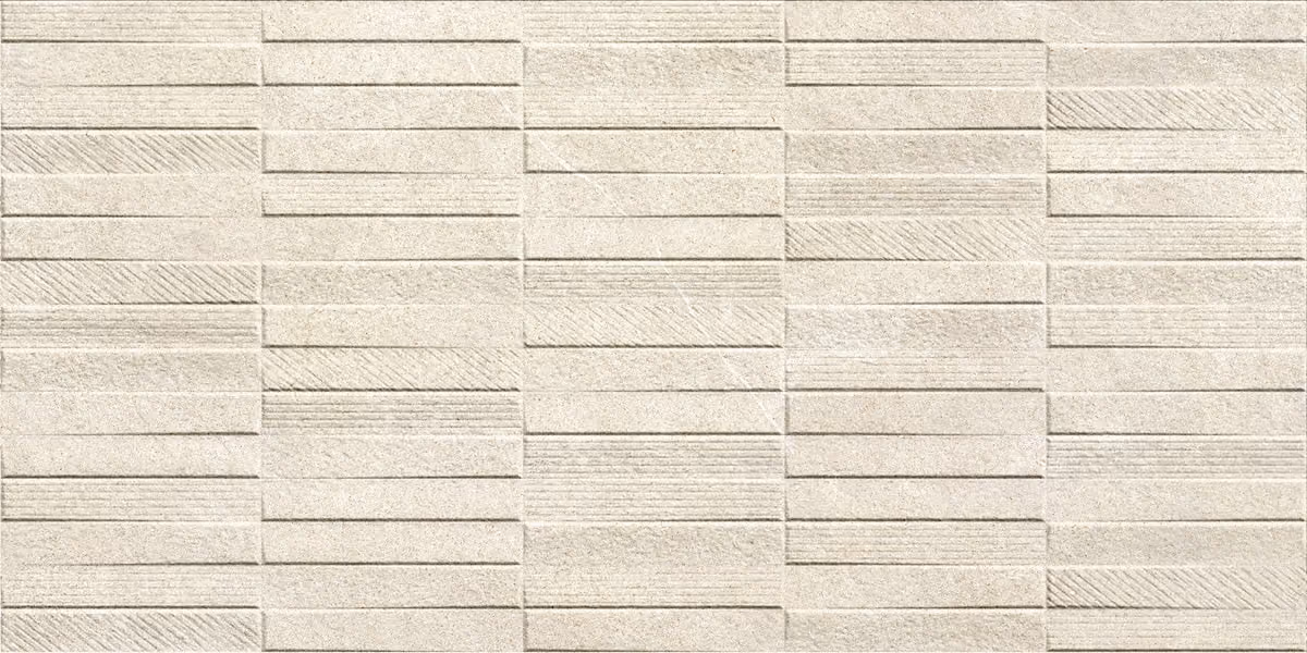Beige textured wall tiles with horizontal and diagonal grooved patterns in a staggered grid layout.