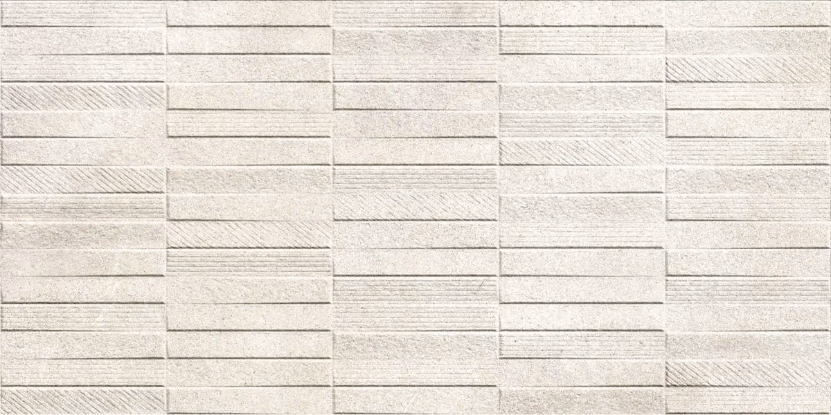 Light beige wall tiles with rectangular shapes and varied horizontal and diagonal textured patterns.