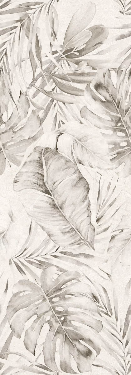 Monochrome artistic pattern of tropical leaves including monstera and palm leaves on a light background.