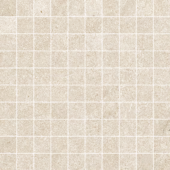 Beige mosaic tiles arranged in a grid pattern with subtle texture variations.