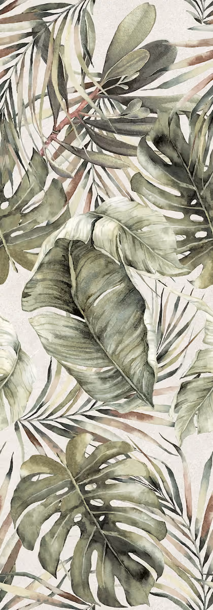 Watercolor tropical leaves, including monstera and palm leaves, in muted green and brown tones.