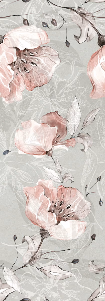 Soft pink flowers and leaves with fine white line art on a muted gray background.