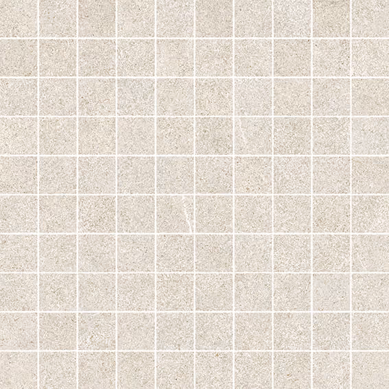 Beige mosaic tile pattern with small square tiles separated by thin white grout lines.