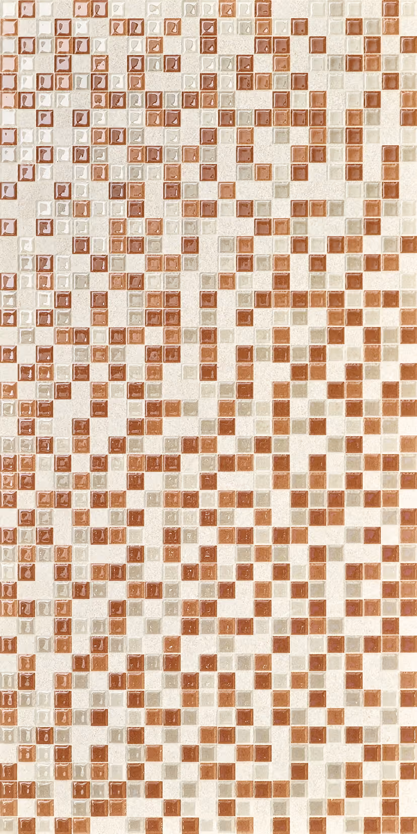 Wall with small square glossy tiles in shades of brown, beige, and off-white in a random pattern.