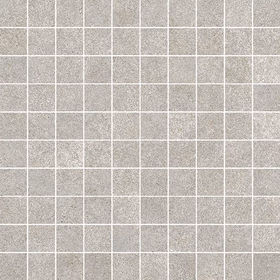 Grid of light grey square tiles with subtle texture and white grout lines between them.