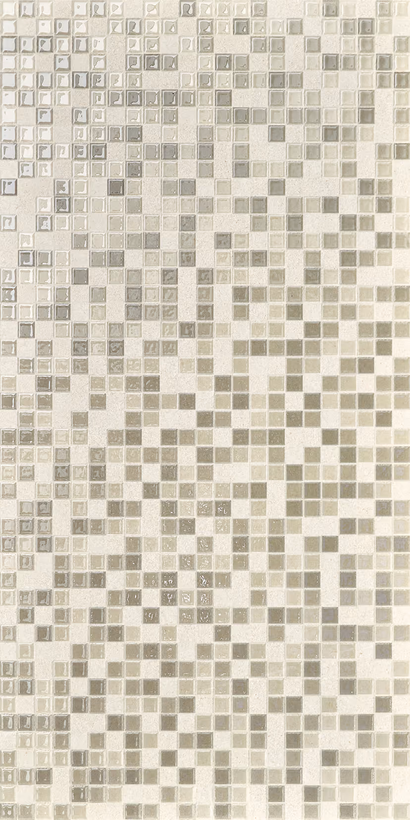 Close-up of beige and light brown glass mosaic tiles arranged in a pixelated pattern.