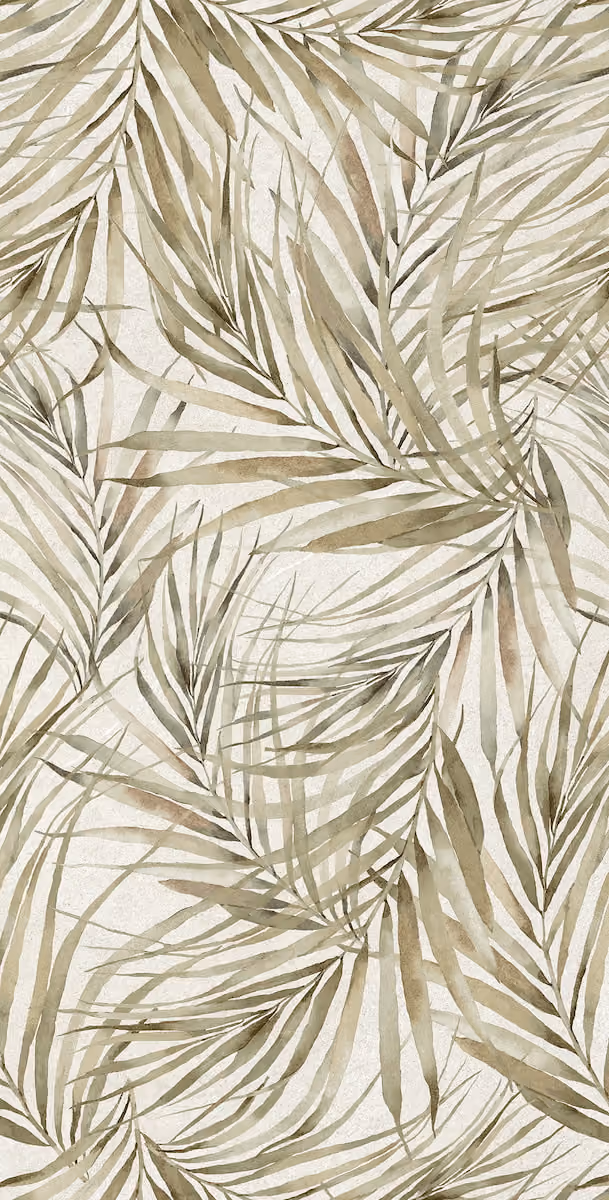 Pattern of overlapping beige and green palm leaves on a light textured background.