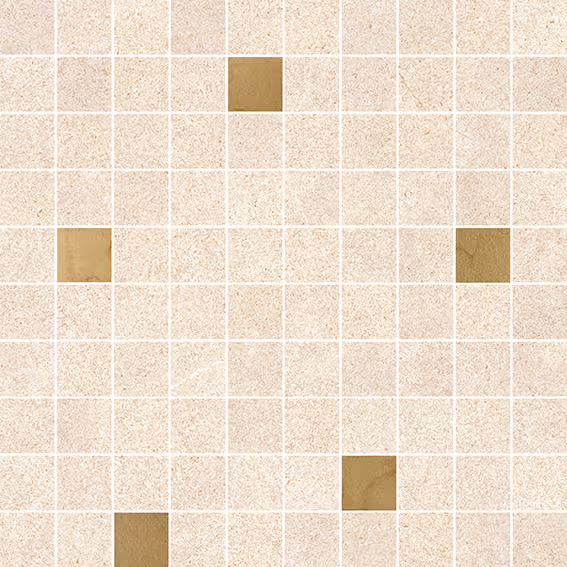 Grid of beige square tiles with occasional metallic gold accent tiles arranged irregularly.