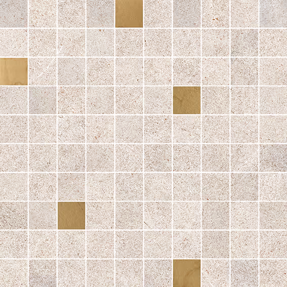 Light grey mosaic tiled surface with evenly spaced gold accent tiles.