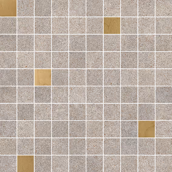 Grid of gray textured tiles with occasional randomly placed beige tiles in a mosaic pattern.