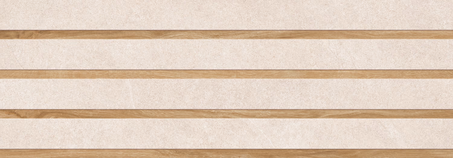 Wall with horizontal light beige stone tiles separated by narrow horizontal wooden strips.