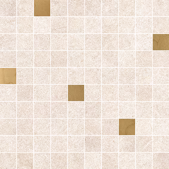 Tile mosaic of small off-white squares with a few scattered gold squares in a grid pattern.