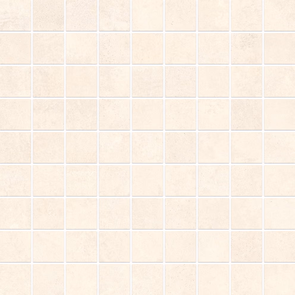 Grid of cream-colored mosaic tiles with subtle texture and white grout lines.