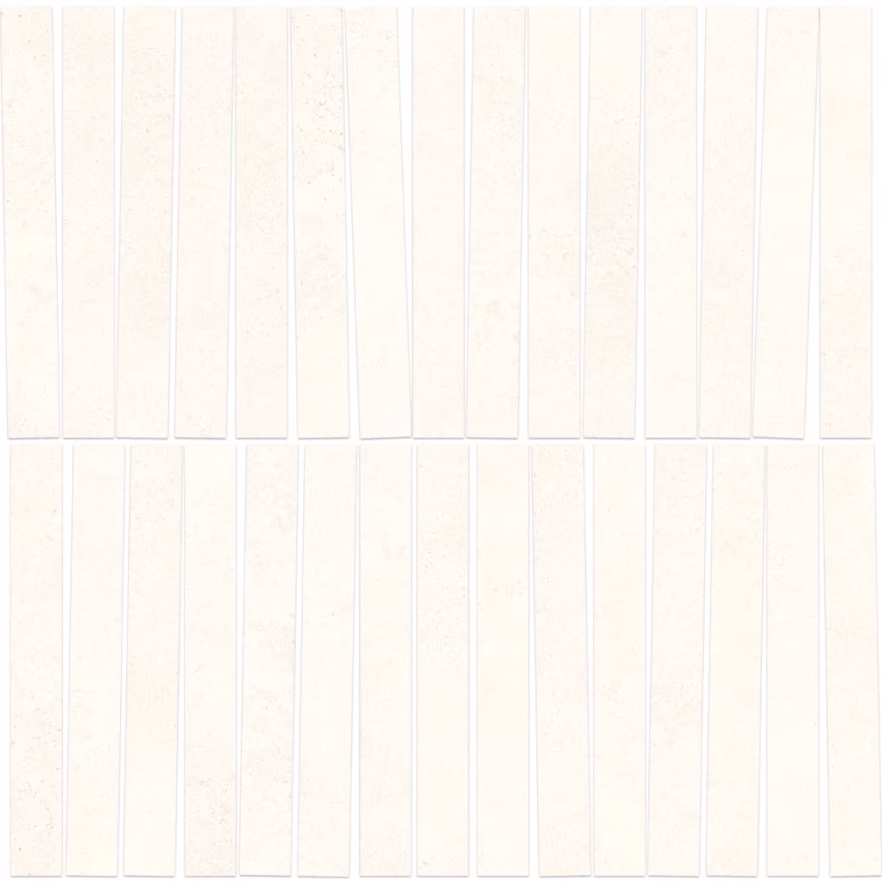 White rectangular mosaic tiles with subtle texture arranged in vertical rows.