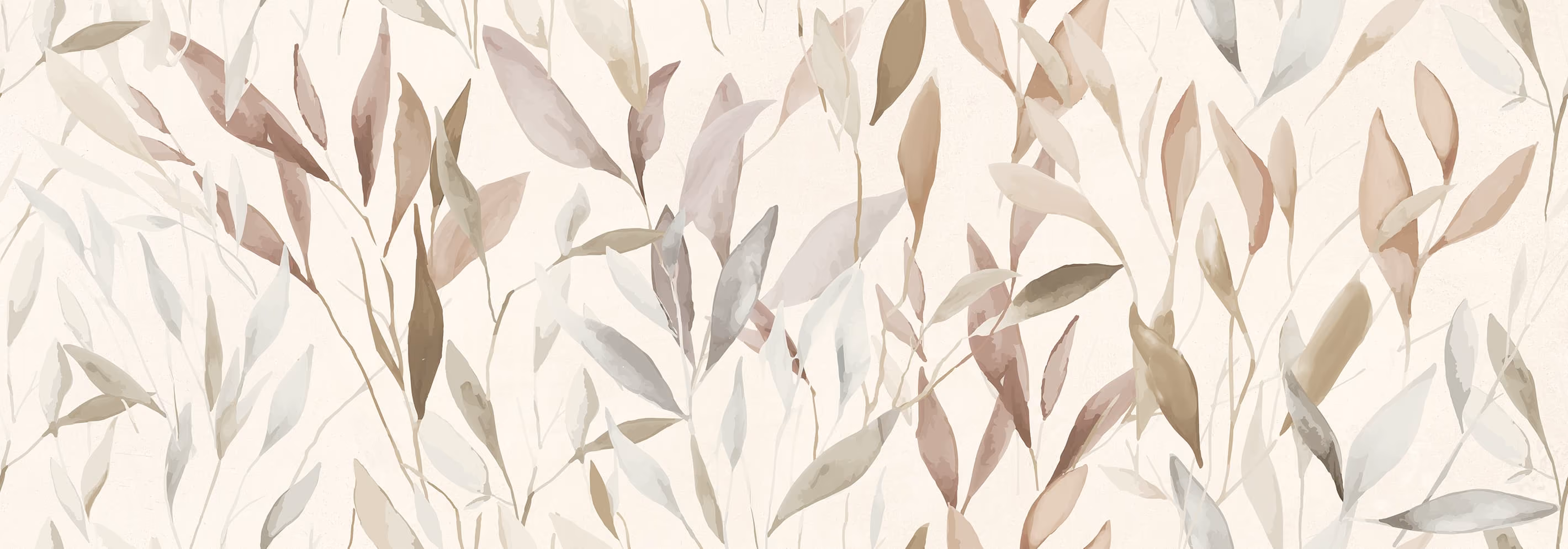 Pattern of delicate, elongated leaves in soft beige, taupe, and grey tones on a light background.