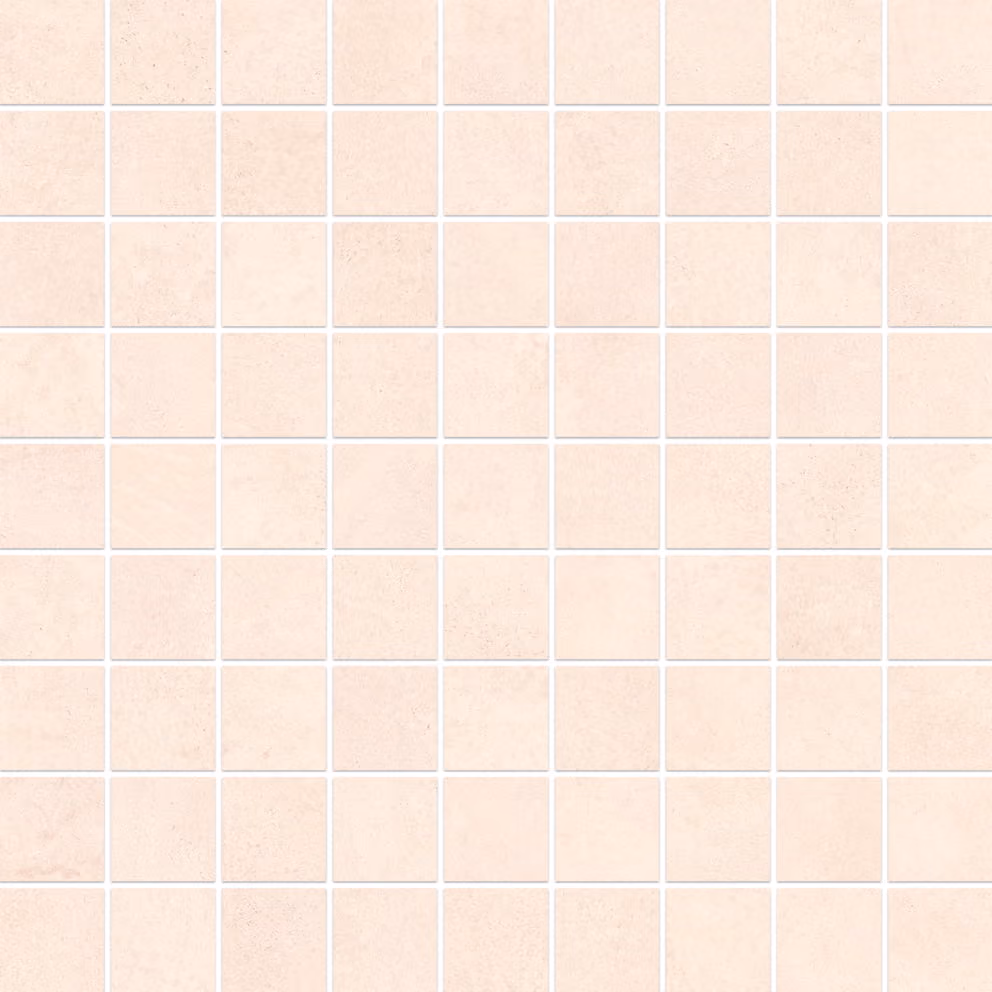 Beige mosaic tiles arranged in a grid pattern with white grout lines.