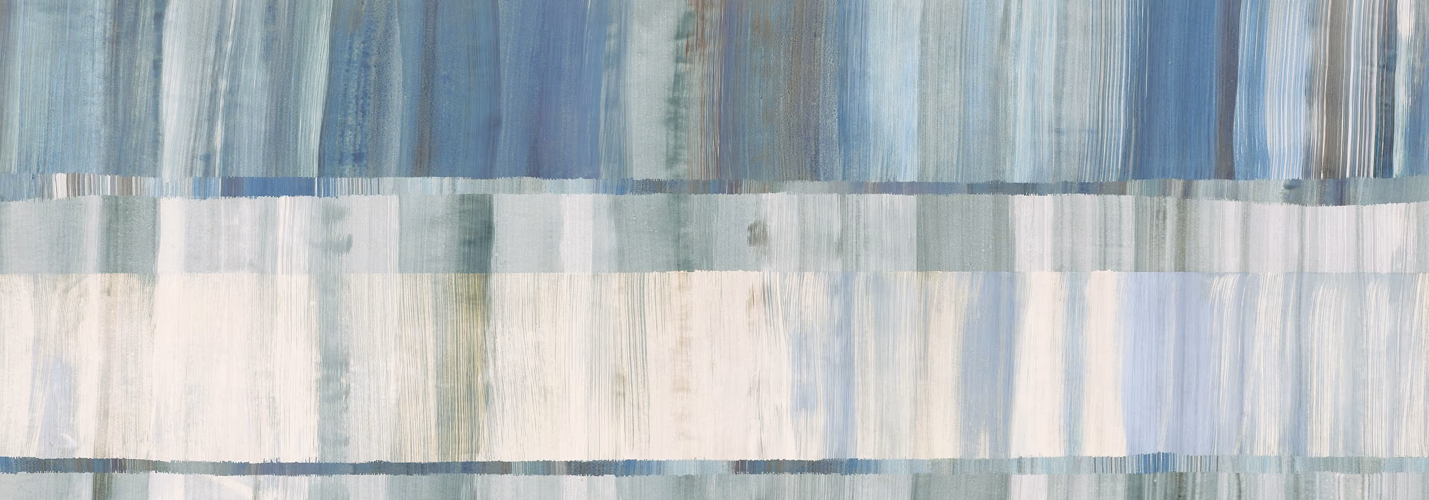Abstract painting with vertical brush strokes in varied blue, gray, and beige tones.