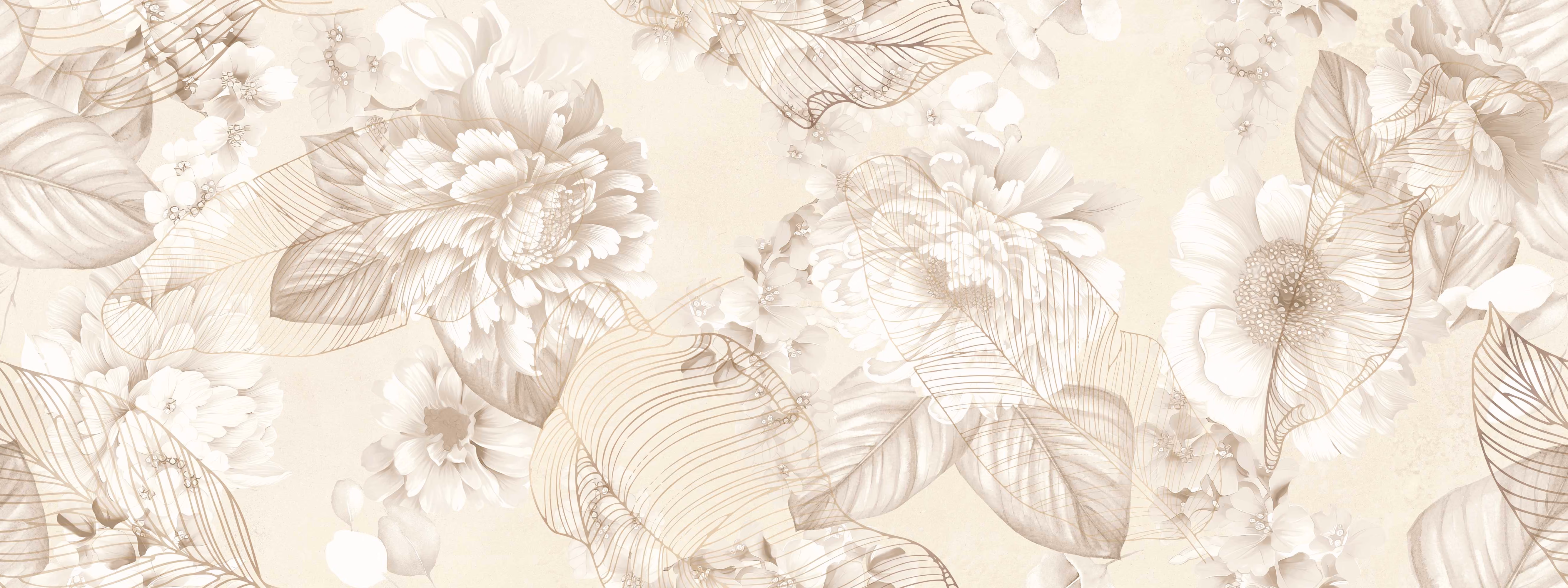 Sepia-toned floral pattern with large flowers and delicate line-drawn leaves on a light background.