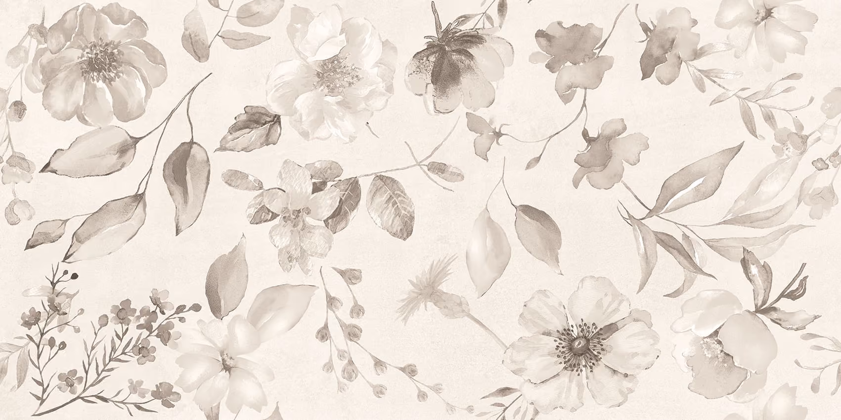 Sepia-toned watercolor flowers and leaves scattered on a light beige background.