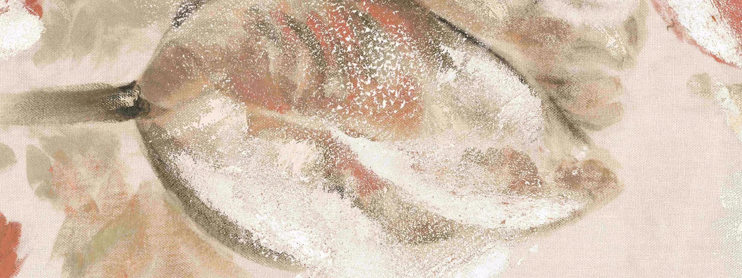 Abstract pastel painting with soft beige, pink, and red tones resembling a flower petal close-up.
