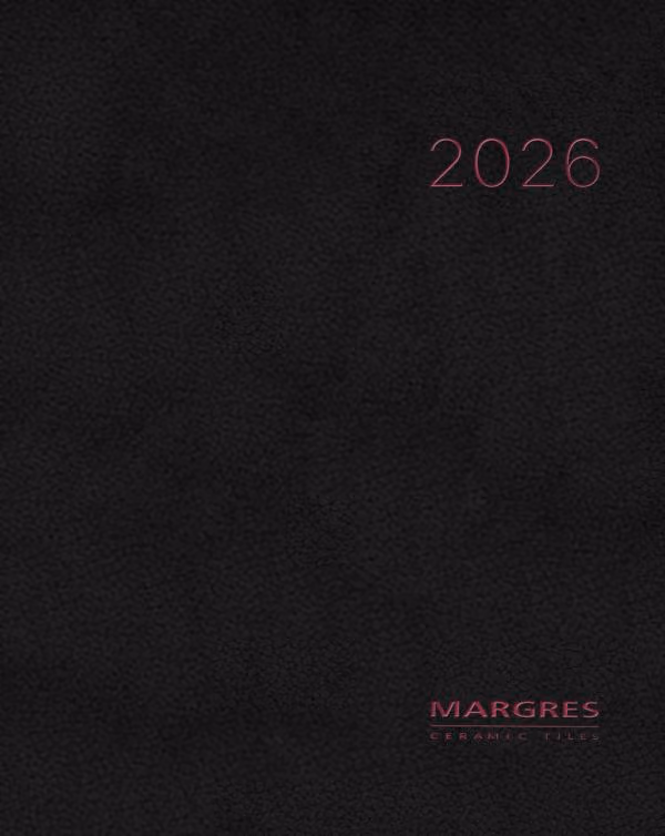 Black textured cover with pink text '2026' top right and 'Margres Ceramic Tiles' bottom right.