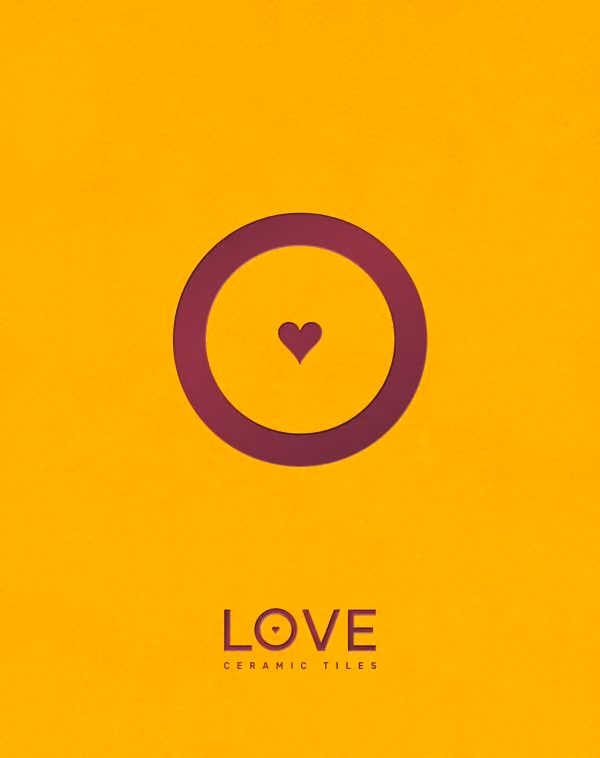 Logo with a purple circle and heart inside on a yellow background above the text Love Ceramic Tiles.