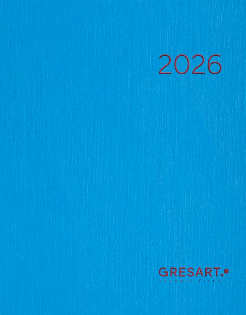 Blue textured cover with 2026 and GRESART ceramics logo in red text.