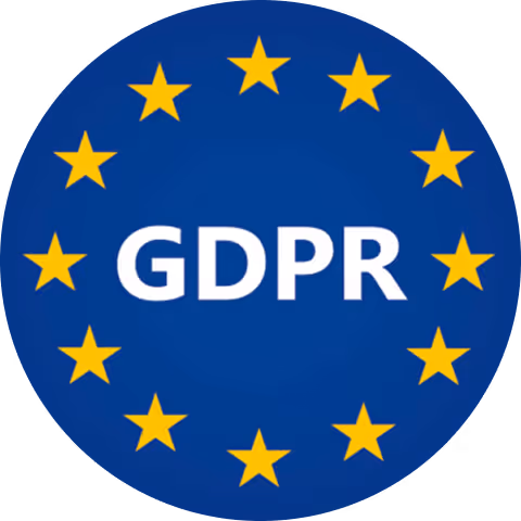 Blue circle with twelve yellow stars arranged in a ring around the white text GDPR.