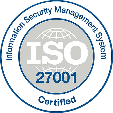 ISO 27001 Certified Information Security Management System badge with globe background.