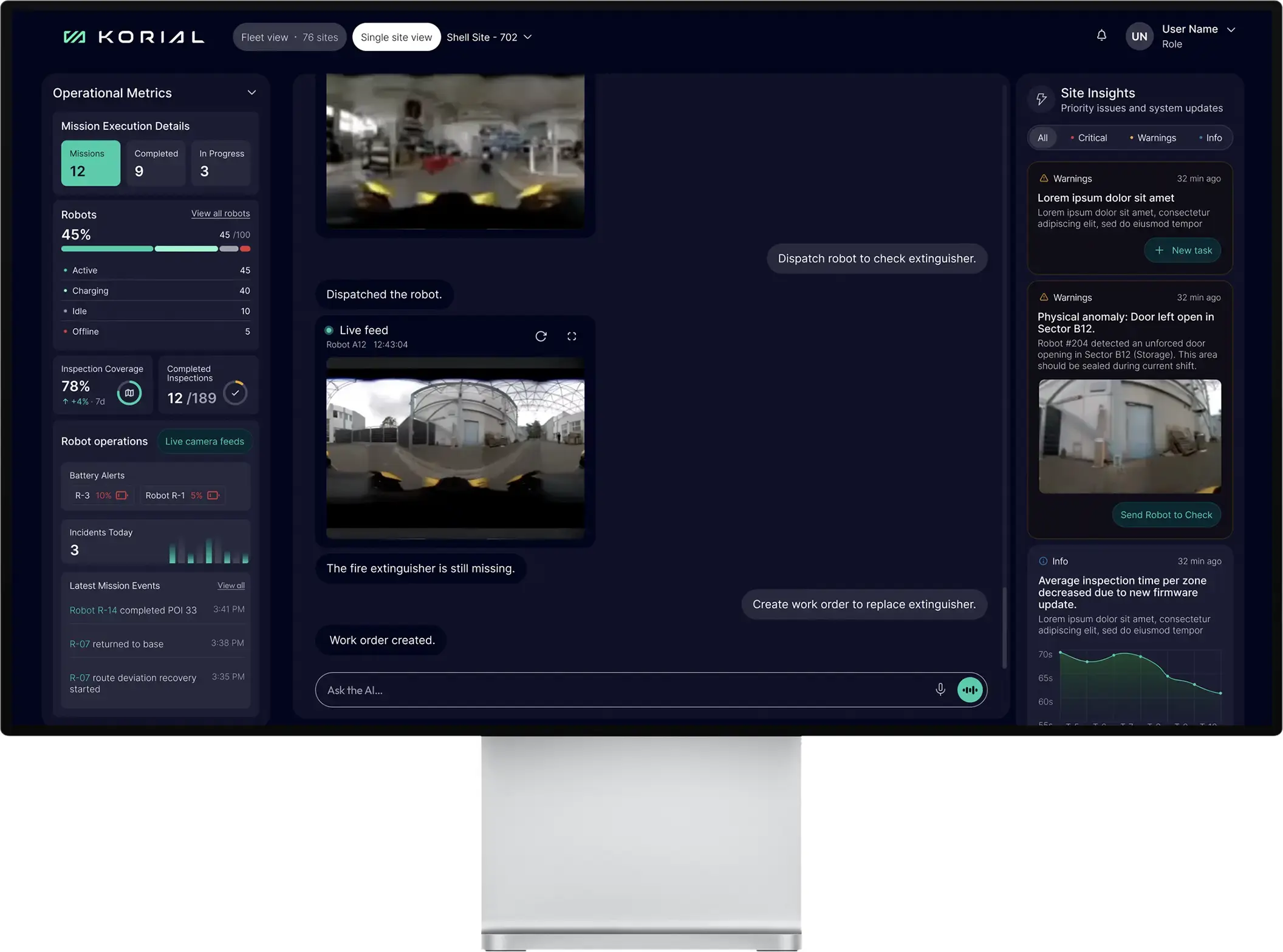 Korial platform operational interface showing mission details, robot status, live camera feeds from robots, incident alerts, and site insights on a desktop monitor.