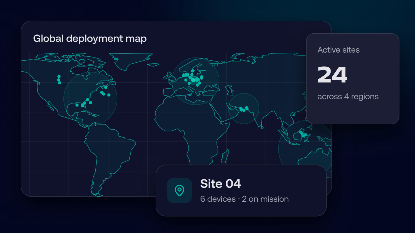 Korial global deployment map showing 24 active sites across four regions, with one site selected showing six devices, two on mission