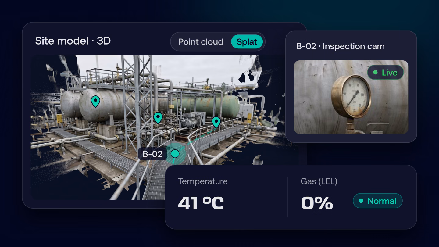 Korial 3D site model in splat view tracking a device along its route past points of interest, beside its live inspection camera and sensor readings