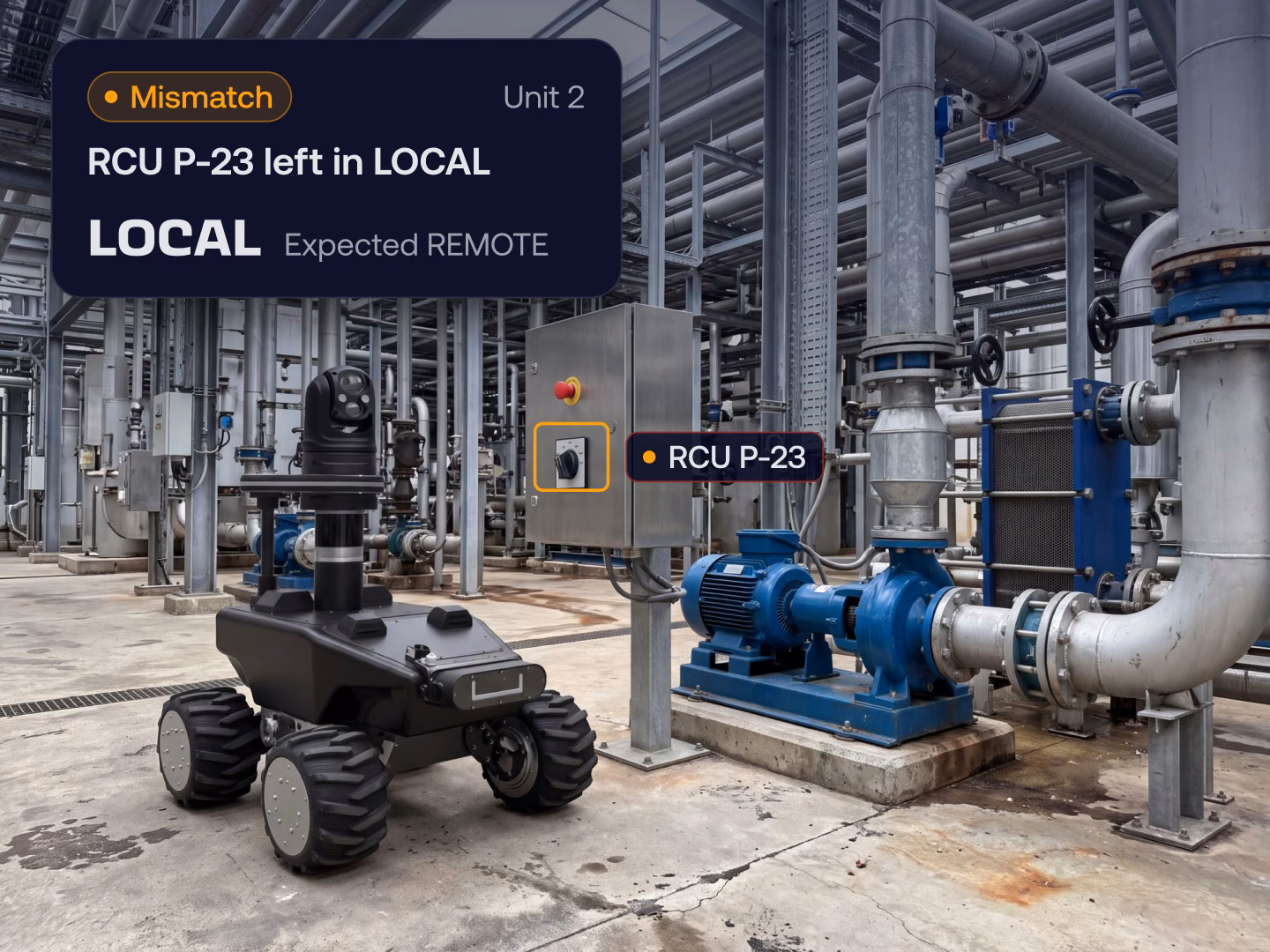 Wheeled inspection device checking a pump control station, with Korial flagging the switch left in local mode