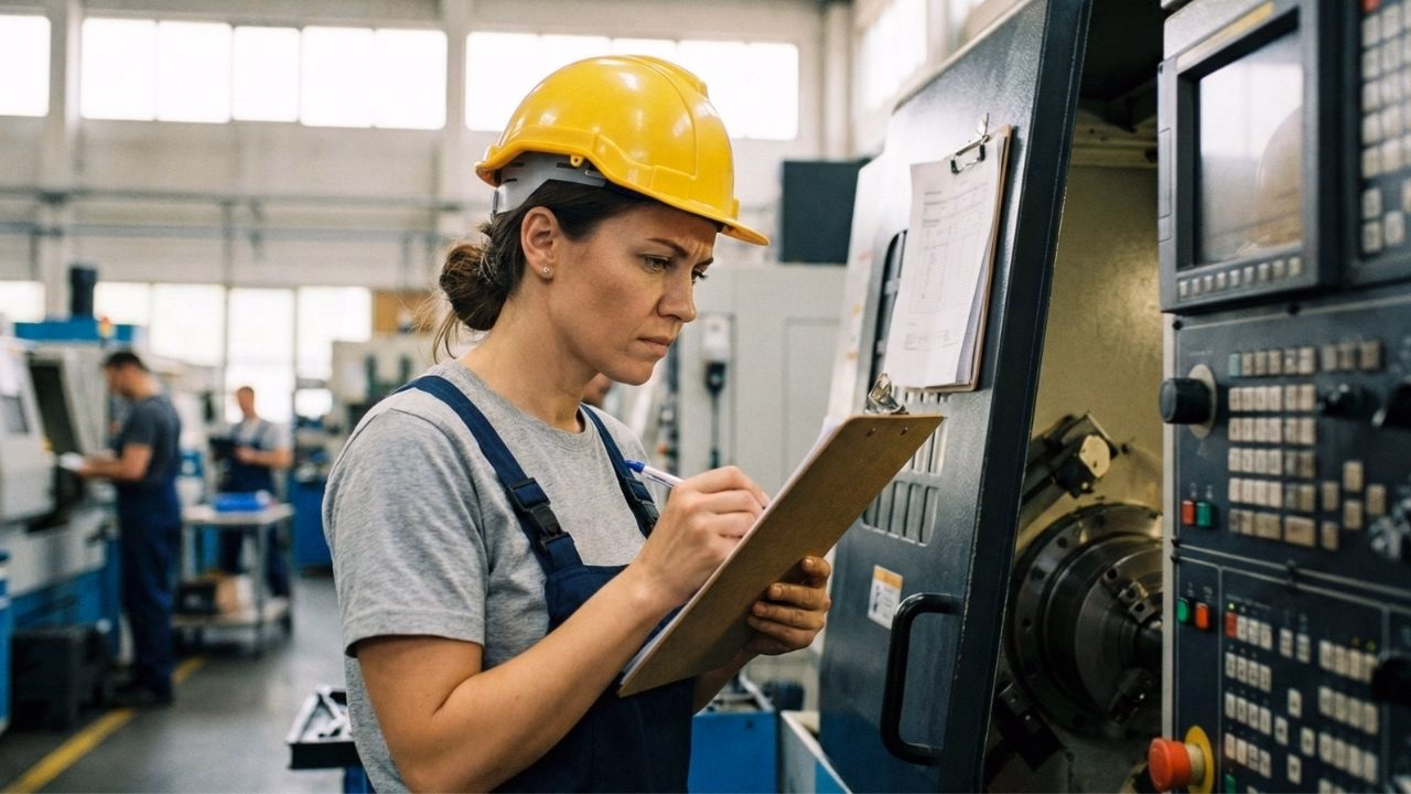 A production worker takes notes on a clipboard