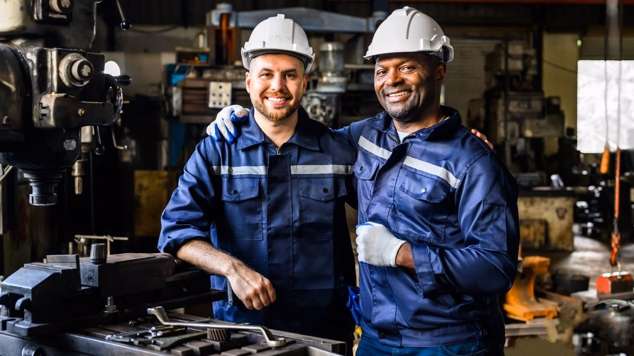 Zwei Männer in Arbeitskleidung in Werkstatt