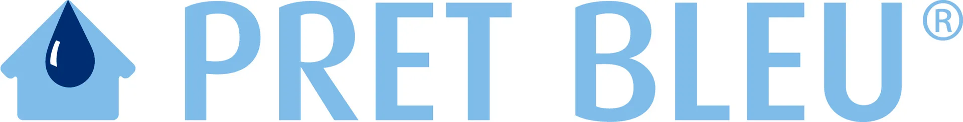 Logo van Pret Bleu met een blauwe waterdruppel in een huisvorm