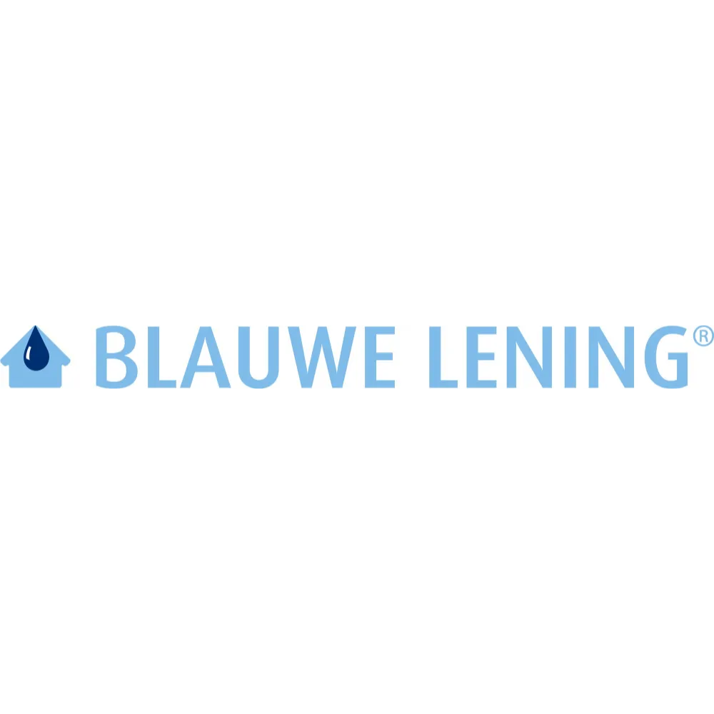 Logo van Blauwe Lening met blauwe waterdruppel in een huisje