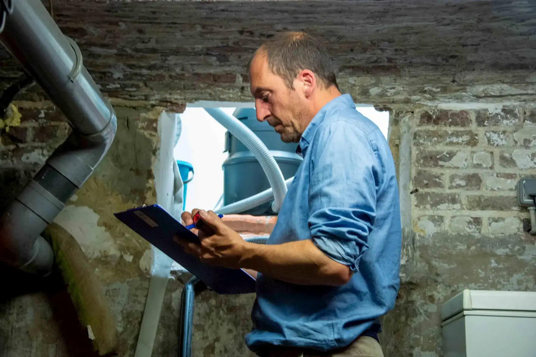 Expert van Aqua Protect in blauw overhemd vult een inspectierapport in voor een professionele vochtdiagnose in een kelder met bakstenen muren.
