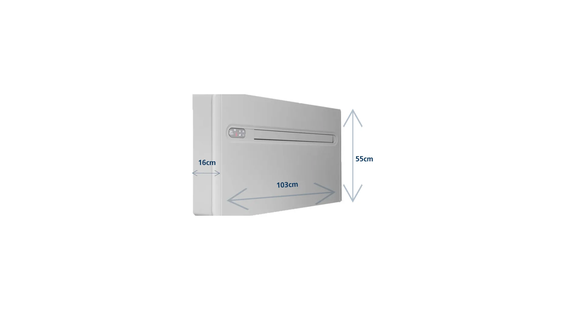Witte airco-binnenunit aan de muur met afmetingen 103 cm breed, 55 cm hoog en 16 cm diep