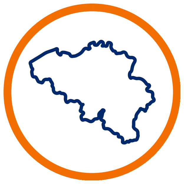 Pictogram van de omtrek van België in een oranje cirkel