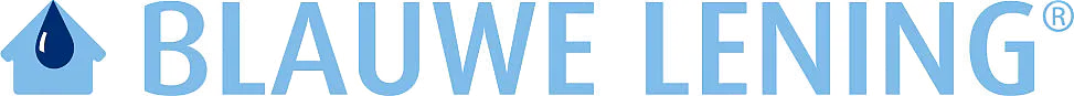 Logo van Blauwe Lening met een waterdruppel in een huisje