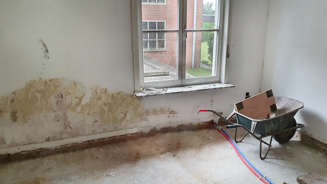 Leeggehaalde kamer met opstijgend vocht en zoutuitbloei onderaan de muur, kruiwagen bij het raam