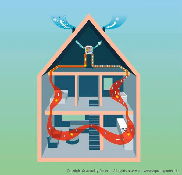 Doorsnede van een woning met ventilatiesysteem D dat verse en gebruikte lucht door het huis stuurt