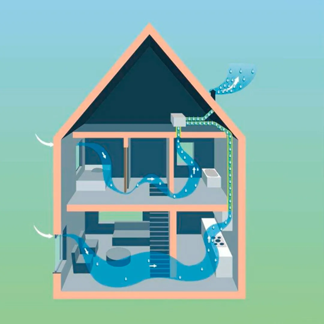 Doorsnede van een huis met blauwe luchtstromen die de werking van een ventilatiesysteem tonen