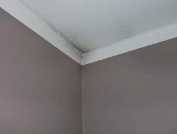 Zwarte schimmelvlekken in een plafondhoek door condensatie, een geval voor vochtbestrijding