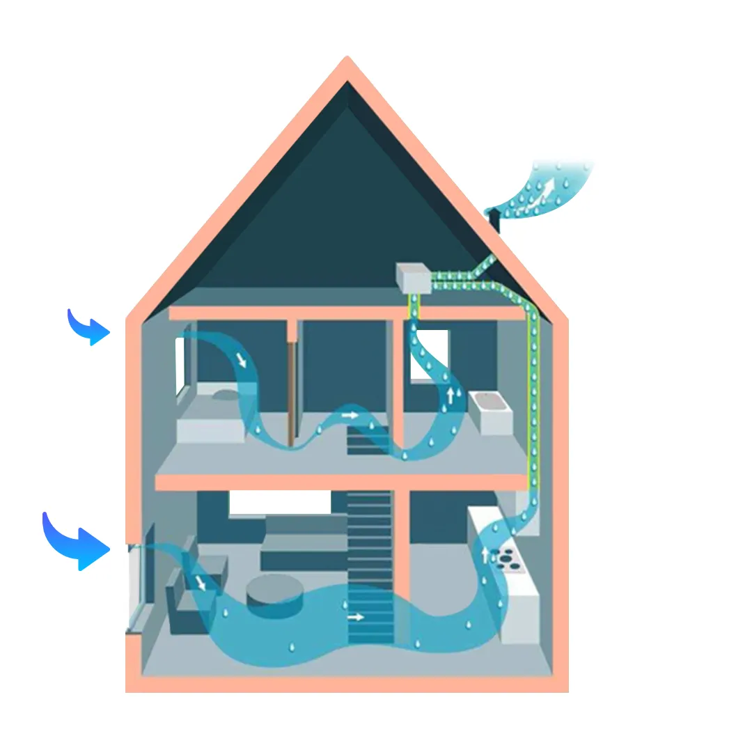 Doorsnede-illustratie van een woning met luchtstromen van een ventilatiesysteem over twee verdiepingen