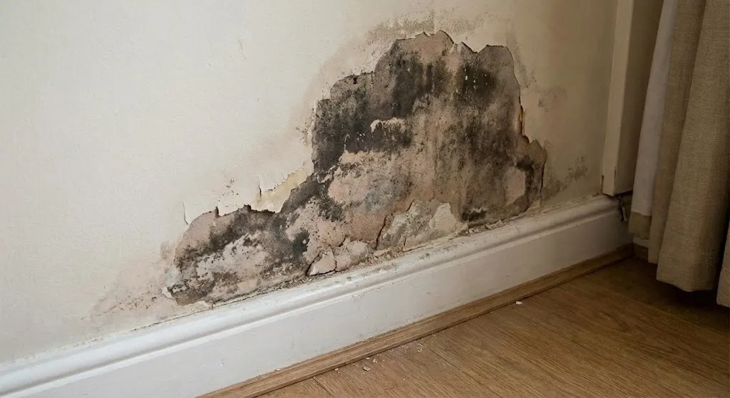 Beschadigde muur met afbladderende verf en zwarte schimmel onderaan, een geval voor vochtbestrijding